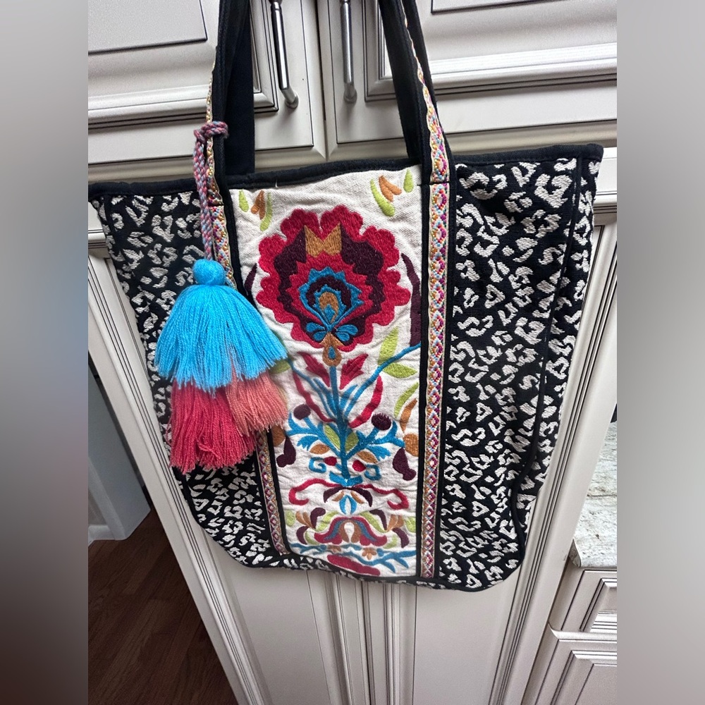 Embroidered Black and White Tote Bag with Tassels